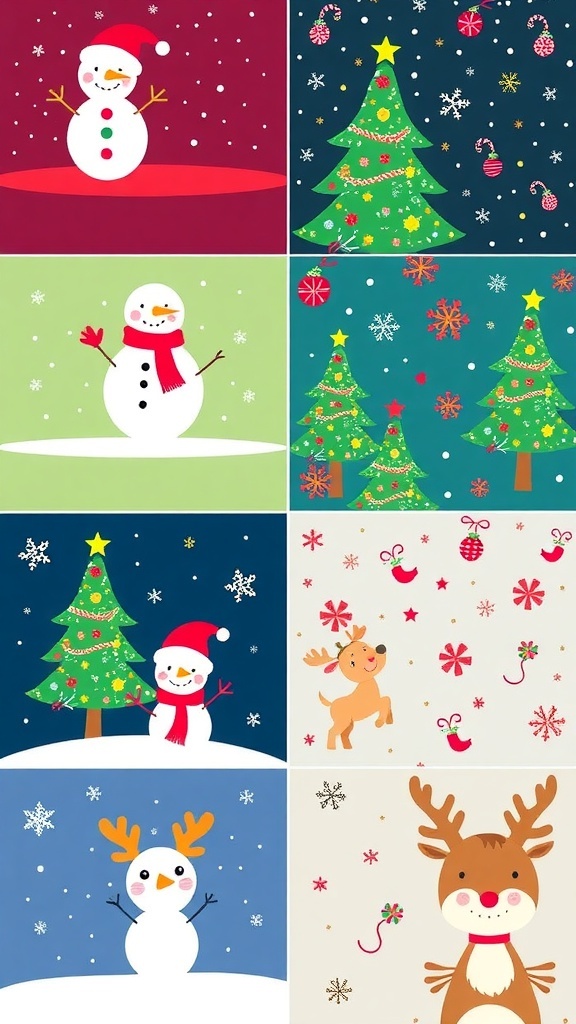A variety of cute Christmas wallpaper backgrounds with snowmen, Christmas trees, and reindeer.